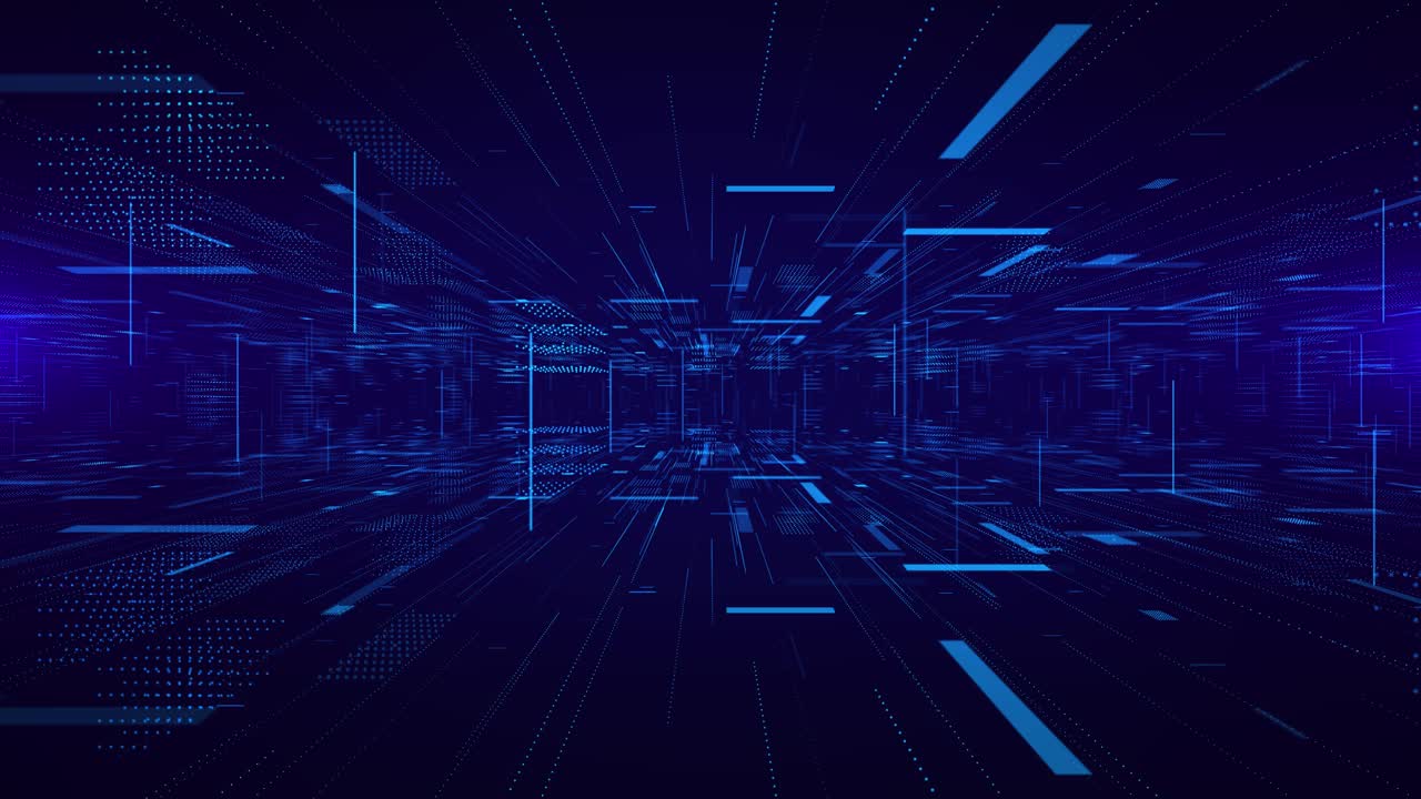 深度网络波灯光数字艺术背景线粒子大数据流动画。网络流