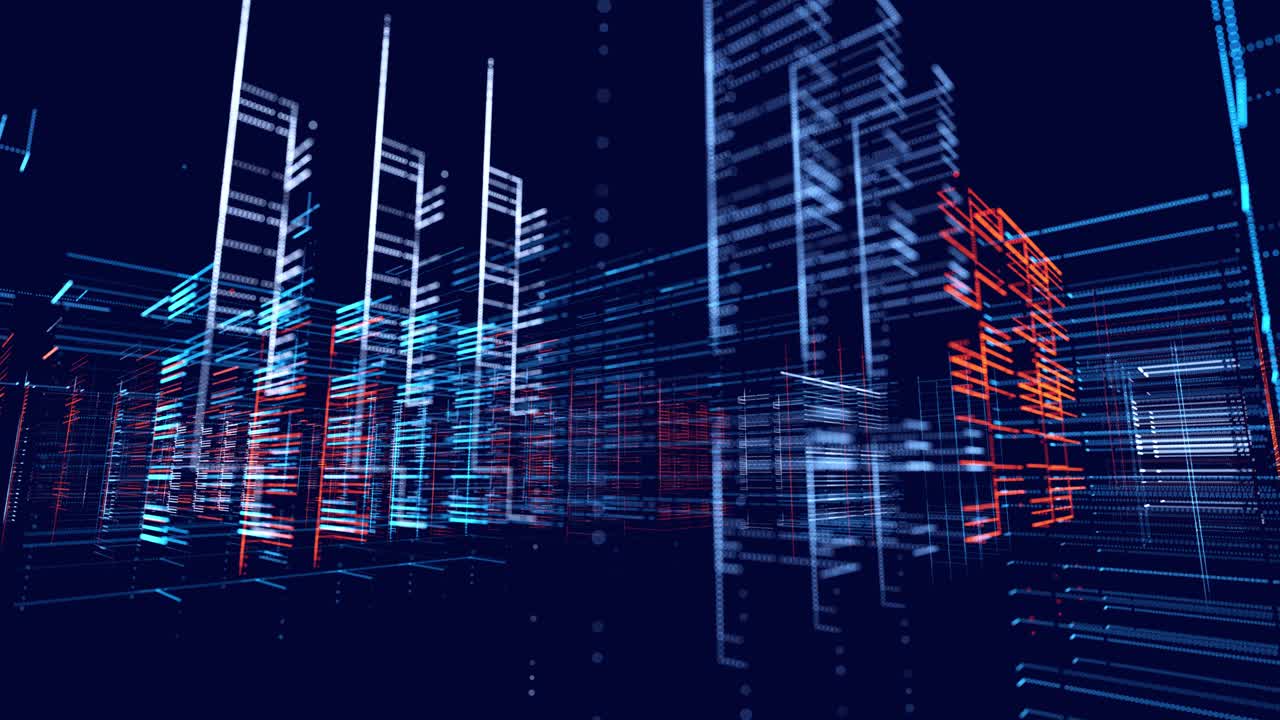 Vj循环抽象科幻用发光粒子形成线条。高科技信息技术。线构成全息图信息蓝红块，ai建筑光网格，信息概念线和节点。大数据。