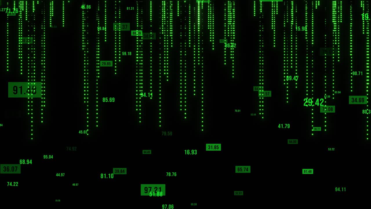 抽象数字或技术背景与数字。二进制数据和流代码。矩阵式二进制代码。未来信息技术计算机。人工智能。