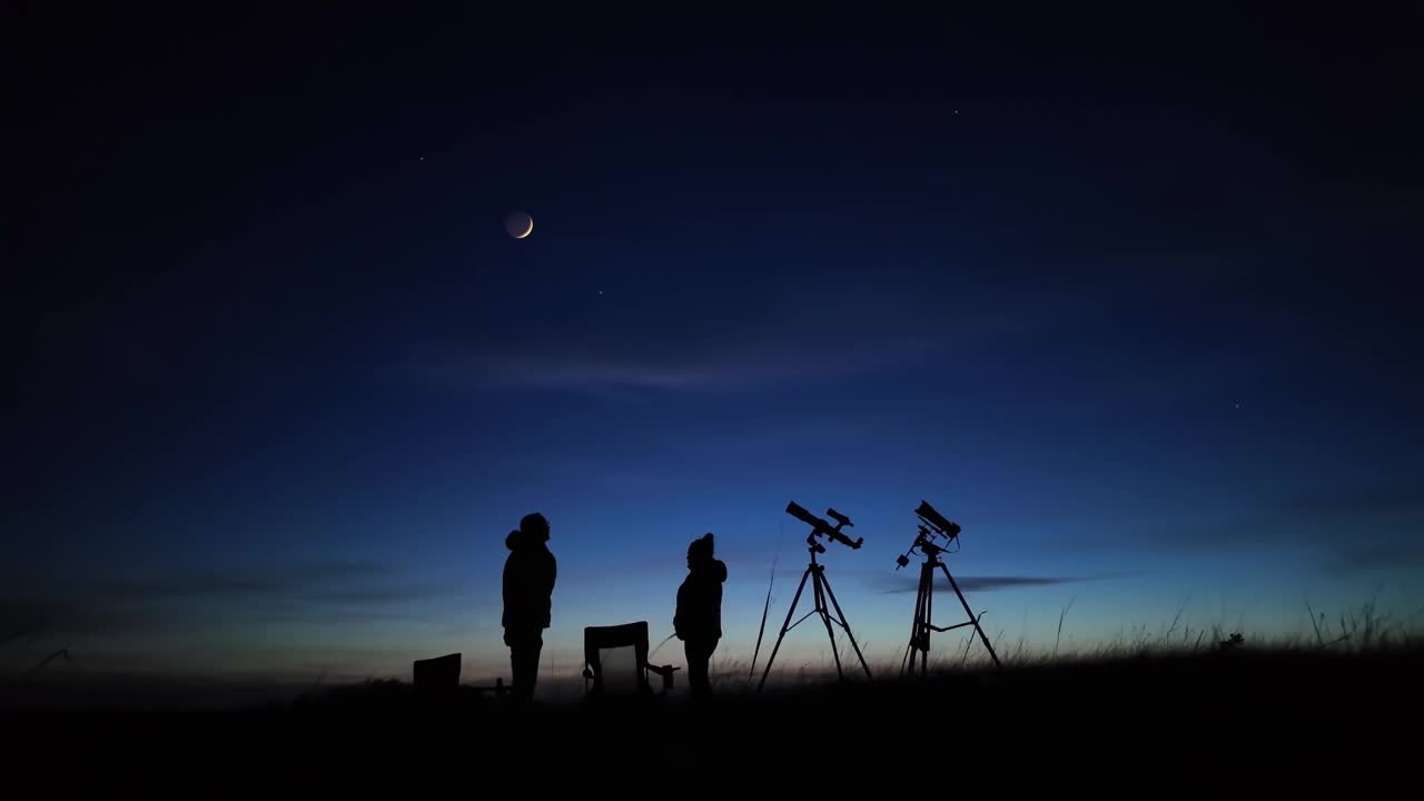 业余天文学家用望远镜和相机观察夜空，观察行星、恒星、月球和其他天体。