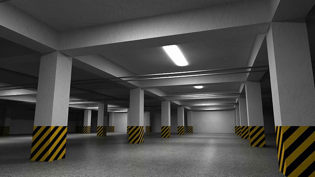 空旷黑暗的地下停车场内部。3d动画与相机旋转