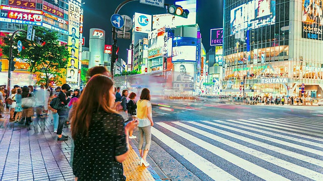 人们和车辆通过著名的东京涩谷十字路口