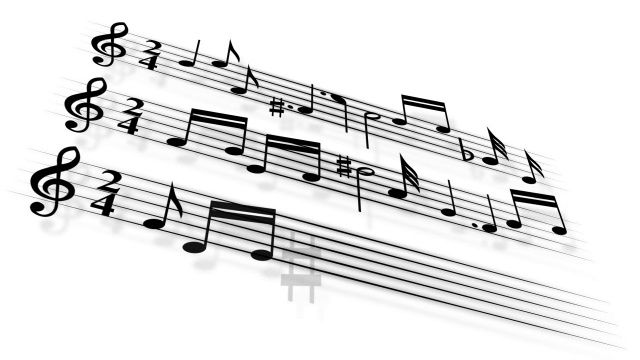 五线谱上有音符和高音谱号