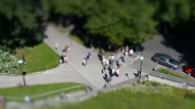 城市里的游客。Tilt-shift。