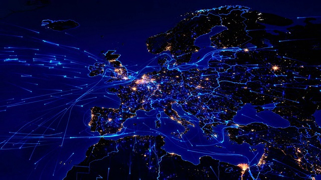 世界地圖與連接。Europe-North美國。藍(lán)色的。