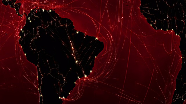 世界连接。南美洲。空中、海上、地面航线/国家边界。