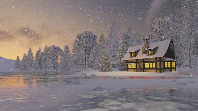 在下雪的夜晚，照亮了乡村小屋和圣诞树