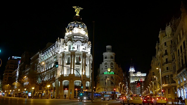 西班牙gran via Madrid night light metropolis酒店建筑4k