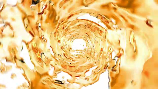 水彩色旋转在管白色。苹果汁、茶、白葡萄酒、啤酒、淡饮料。美丽的3 d动画。HD 1080。α无光。
