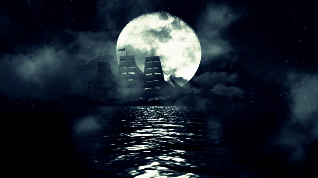 详情图-在一个满月的背景下,一艘老帆船在一个夜晚的海洋