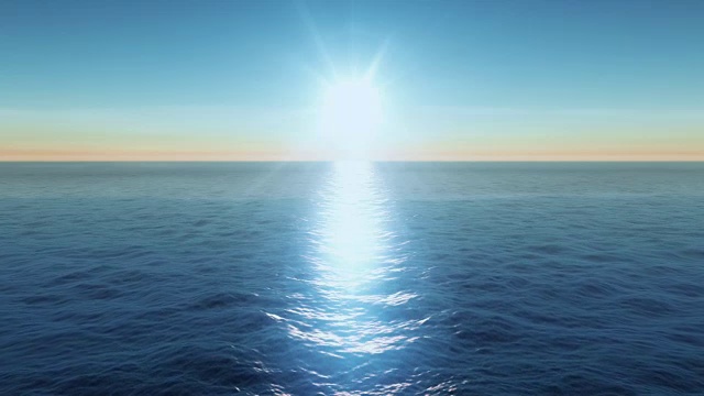 飞过平静的海洋，蓝天和太阳