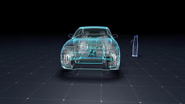 电子、氢、锂回音车。充电汽车电池。侧视图。