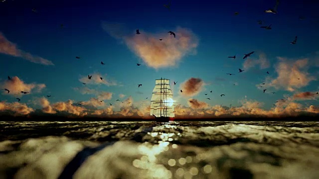 詳情圖-古老的海盜船航行，美麗的日落與海鷗飛翔，聲音包括