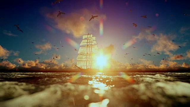 詳情圖-古老的海盜船航行，美麗的日落與海鷗飛翔，聲音包括