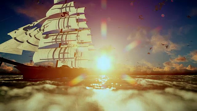 詳情圖-古老的海盜船航行，美麗的日落與海鷗飛翔，聲音包括