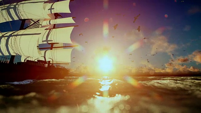 詳情圖-古老的海盜船航行，美麗的日落與海鷗飛翔，聲音包括