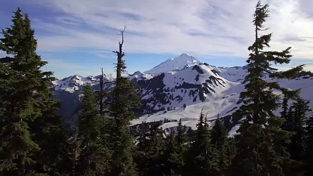 空中移动雪山与森林树木在前景平移