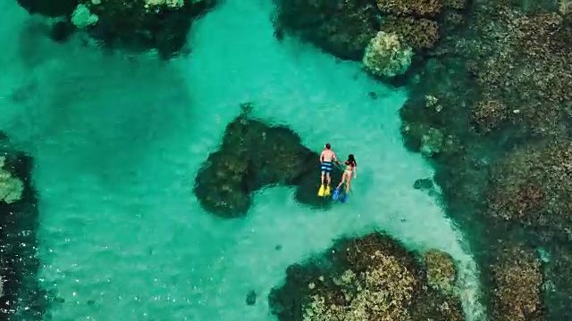年轻夫妇在热带蓝色海洋浮潜的鸟瞰图