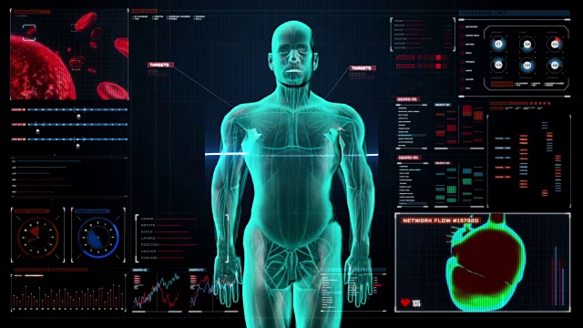 前体扫描心脏。数字显示人体心血管系统。