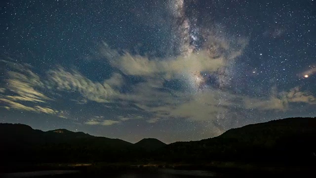 时间流逝-水库上的银河与山夜空。