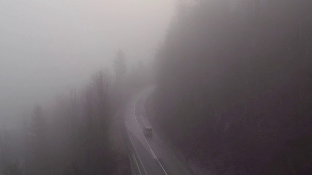 在黑暗多雾的冬天，汽车在危险的森林道路上超速行驶