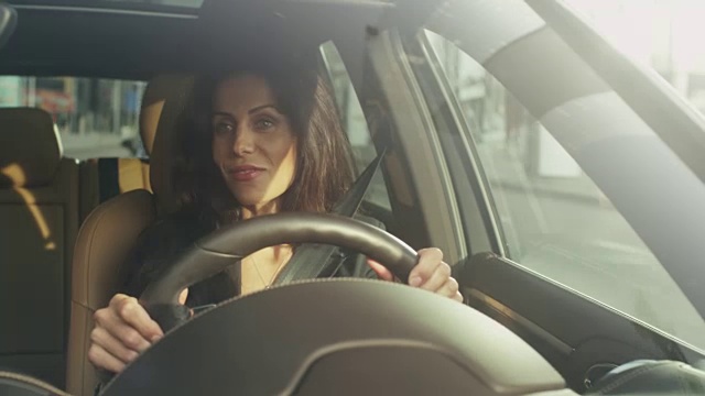 迷人的微笑商务女性驾驶汽车