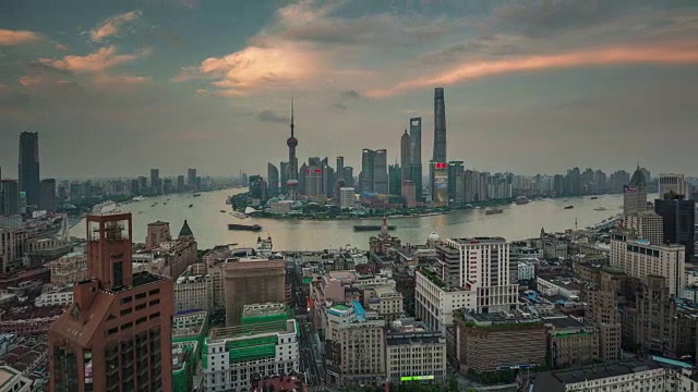 詳情圖-中國(guó)日落黃昏上海城市景觀著名的海灣屋頂全景4k時(shí)間的推移