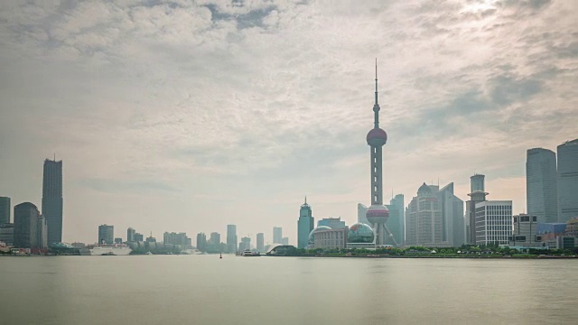 中国雨日落天空上海城市河湾全景4k时间推移