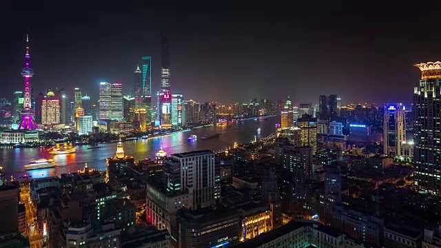 中国上海夜光城市景观河湾屋顶全景4k时间流逝