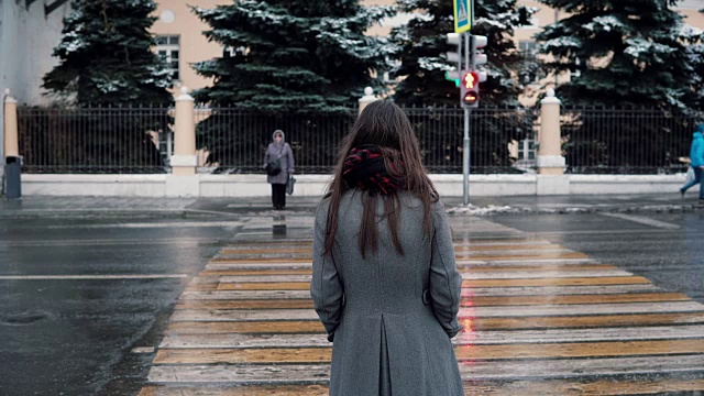 后视图。在一个冰雪覆盖的城市里，一个忧伤的年轻褐发女孩正在等待过马路的绿灯