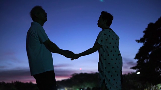 亚洲资深夫妇剪影与清晨天空和月亮的背景。安全与幸福的生活抽象