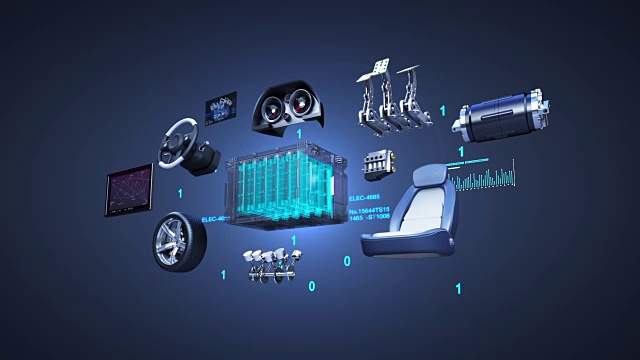 电子、氢、锂离子电池回声车。充电汽车电池。环保的未来汽车。发动机，安全座椅，仪表盘，导航。