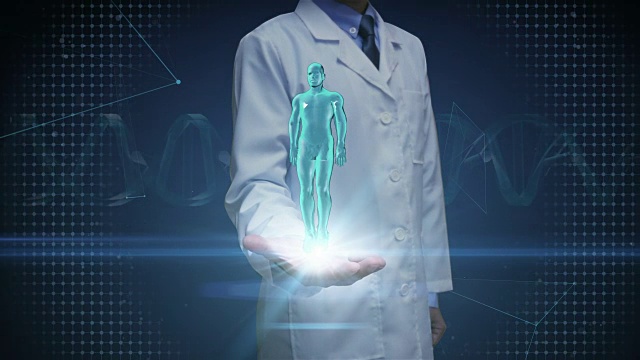医生打开手掌，男性人体扫描淋巴系统。蓝色的x射线。