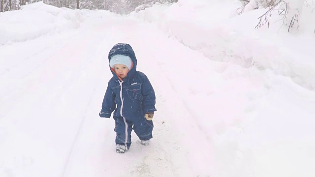 在冬季公园散步的小男孩。小朋友在雪地上踏出第一步。