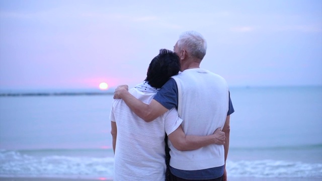 详情图-相爱的亚洲老年夫妇在海上日出快乐地在一起