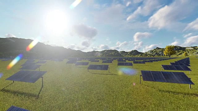 倾斜的太阳能电池板在山脚下