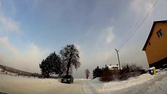 行车记录仪雪地冬季农村地区，波兰格但斯克欧洲