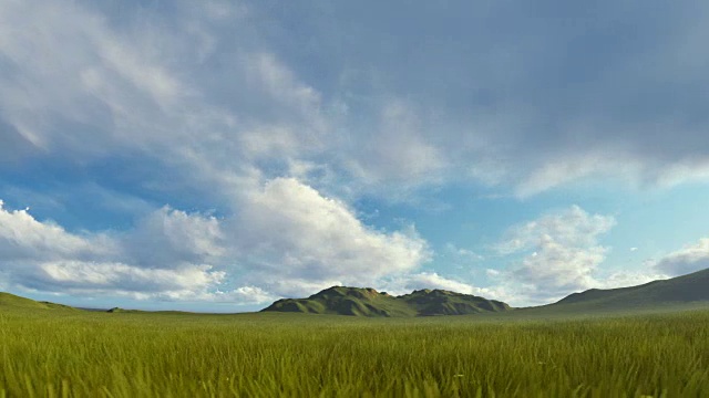 绿草如茵，随风飘动，连绵的山峦与连绵的乌云交相辉映