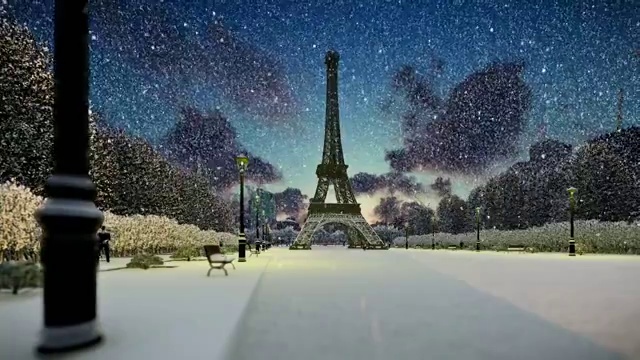 日落时的巴黎埃菲尔铁塔，下雪，平移