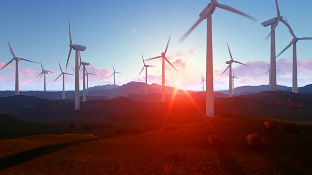 風力發(fā)電農場上綠油油的草地，晨曦斜照，傾斜