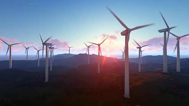 詳情圖-風力發(fā)電農(nóng)場上綠油油的草地，晨曦斜照，傾斜