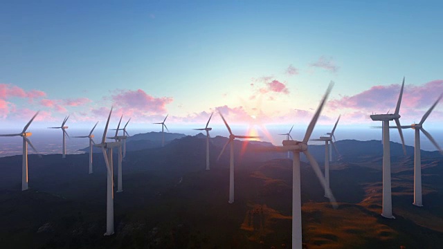 詳情圖-風力發(fā)電農(nóng)場上綠油油的草地，晨曦斜照，傾斜