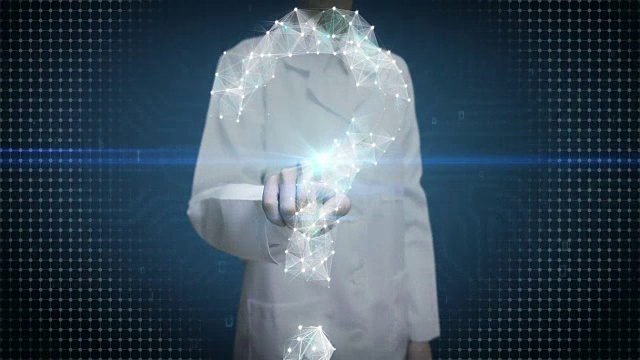 女工程师，科学家触摸屏，数字线创造问号形状，数字概念。