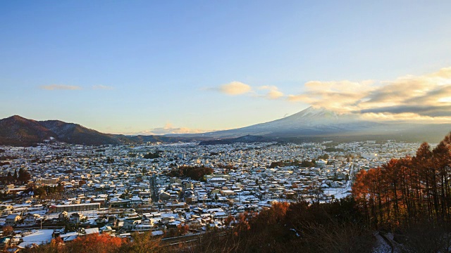 时间流逝4K富士山与秋天的颜色在日本日落时间。