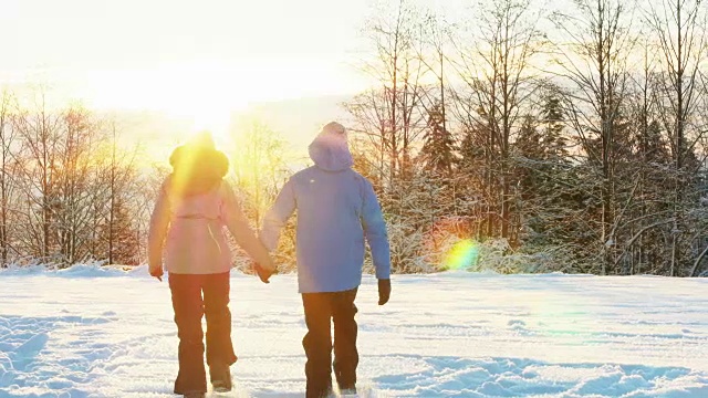 牵手走在雪林里