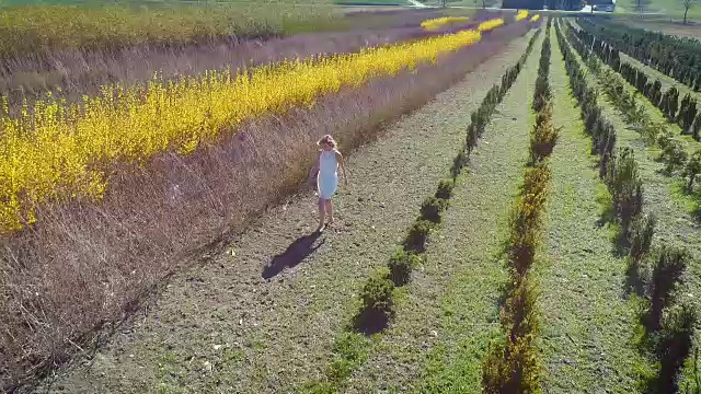 金发美女穿着白色连衣裙穿越田野