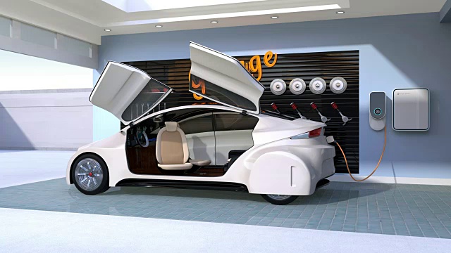 詳情圖-白色電動(dòng)車在住宅車庫充電