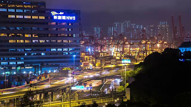 繁忙的道路和货物装载港的时间延迟。香港，4K广角镜头。