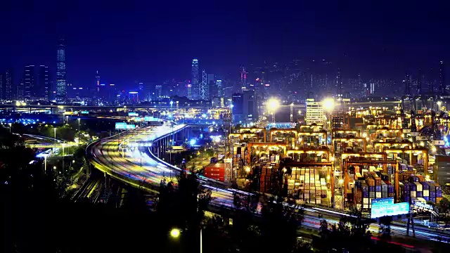 集装箱港口时间从白天到夜晚。4K香港。广角镜头。