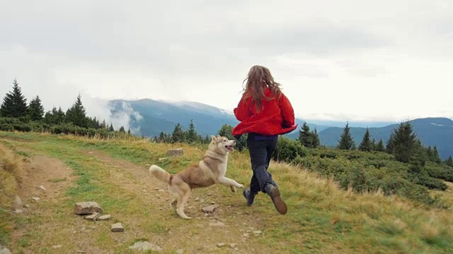 年轻的女性和狗在山里玩耍